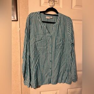Teal and White Striped Button-Up Blouse